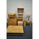 A SELECTION OF BEECH FURNITURE, to include a rectangular coffee table, a similar nest of three