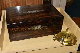 A VICTORIAN COROMANDEL AND MOTHER OF PEARL INLAID WRITING SLOPE, A BRASS CHAMBERSTICK AND BRASS