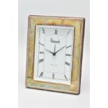 A SILVER 'HARRODS' MANTLE CLOCK, a rectangular form clock, white face signed 'Harrods Knightsbridge'