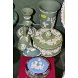 SIX PIECES OF WEDGWOOD JASPERWARE, comprising a boxed Wedgwood glass royal commemorative