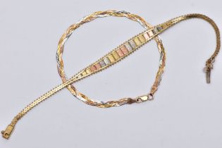 TWO 9CT GOLD BRACELETS, the first a yellow gold chain leading onto a split chain fitted with tri