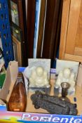 A BOX AND LOOSE PICTURES, METALWARES AND SUNDRY ITEMS, to include a pair of carved stone book ends