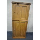 A 20TH CENTURY PINE PANELLED TWO TIER CORNER CUPBOARD, width 91cm x depth 49cm x height 205cm (