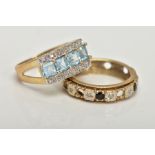 TWO 9CT GOLD GEM SET DRESS RINGS, the first centring on a row of four square cut light blue topaz,