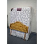 A 4FT6 DIVAN BED, MATTRESS AND PINE HEADBOARD