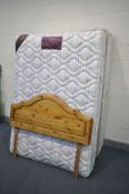 A 4FT6 DIVAN BED, MATTRESS AND PINE HEADBOARD