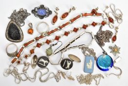 A SELECTION OF JEWELLERY, to include two white metal amber set line bracelets, each fitted with a