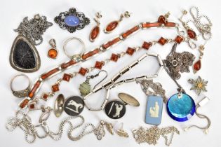 A SELECTION OF JEWELLERY, to include two white metal amber set line bracelets, each fitted with a