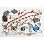 A SELECTION OF JEWELLERY, to include two white metal amber set line bracelets, each fitted with a