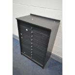 A BLACK FINISH TEN DRAWER COLLECTORS CABINET, likely to be used for Entomology, each drawer fitted