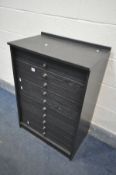 A BLACK FINISH TEN DRAWER COLLECTORS CABINET, likely to be used for Entomology, each drawer fitted