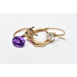 TWO 9CT GOLD RINGS AND A SINGLE EARRING, the first ring designed with a claw set, circular cut