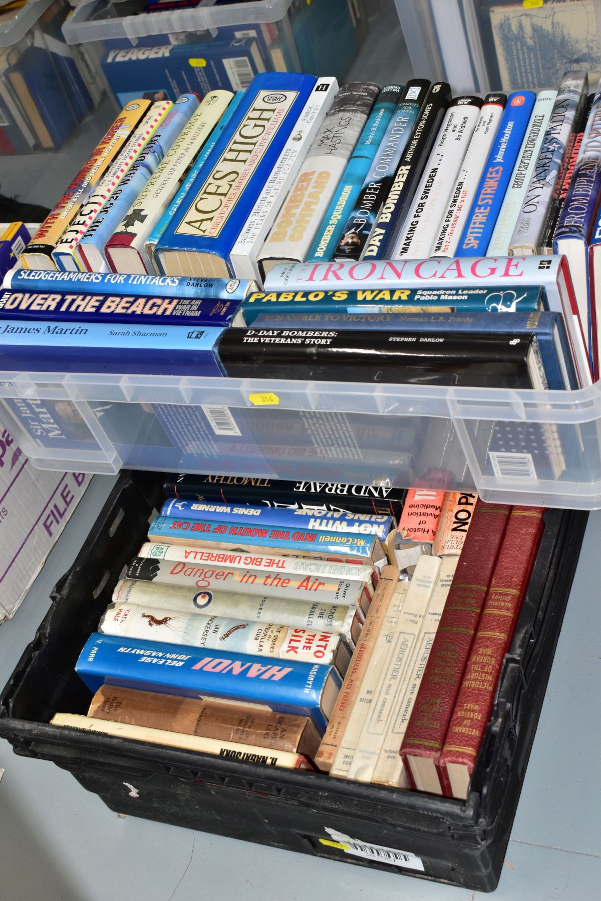 AIRCRAFT / MILITARY BOOKS, two boxes containing approximately fifty-five hardback titles, subjects