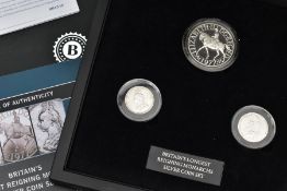 BRITAINS LONGEST REIGNING MONARCH SILVER SET OF COINS, to include a George III shilling coin 1787, a
