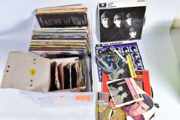 A TRAY CONTAINING OVER ONE HUNDRED AND TEN LPs, SINGLES AND CDs including With The Beatles cover