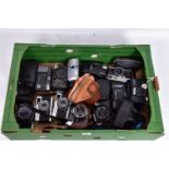 A TRAY CONTAINING OLYMPUS SLR AND INSTANT CAMERAS including a black OM2 with 50mm lens, a chrome