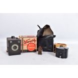 A CORONET MIDGET BAKELITE CAMERA in brown, a Warwick Box Camera in original box and a Kodak Baby