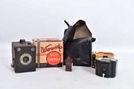 A CORONET MIDGET BAKELITE CAMERA in brown, a Warwick Box Camera in original box and a Kodak Baby