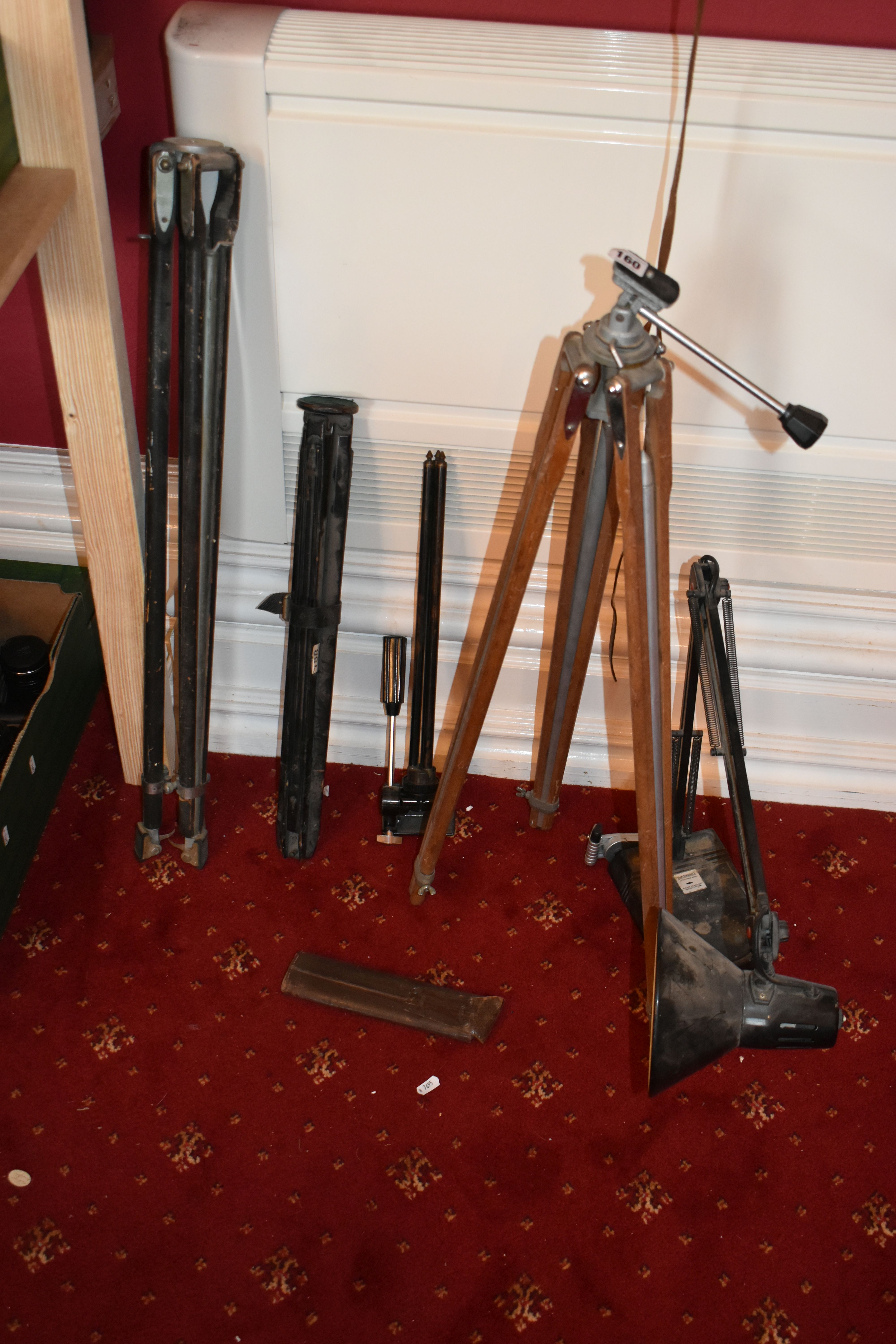 FOUR VINTAGE CAMERA TRIPODS AND A LAMP including a Craig Thalhamme, an MPP wooden etc