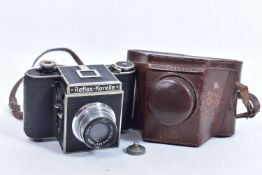 A KOCHMAN REFLEX KORELLE FILM CAMERA with a CZJ Tessar 8cm f3.5 lens and leather case