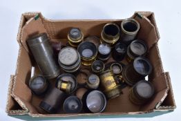 NINETEEN VINTAGE FIELD CAMERA LENSES of various sizes and fitting, mostly brass bodied, mostly no