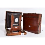 TWO MAHOGANY AND BRASS FIELD CAMERAS one with Optimus Patent parts to frame but no lens or plate