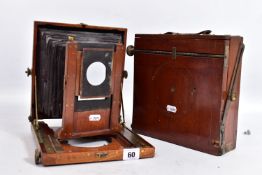 TWO MAHOGANY AND BRASS FIELD CAMERAS one with Optimus Patent parts to frame but no lens or plate