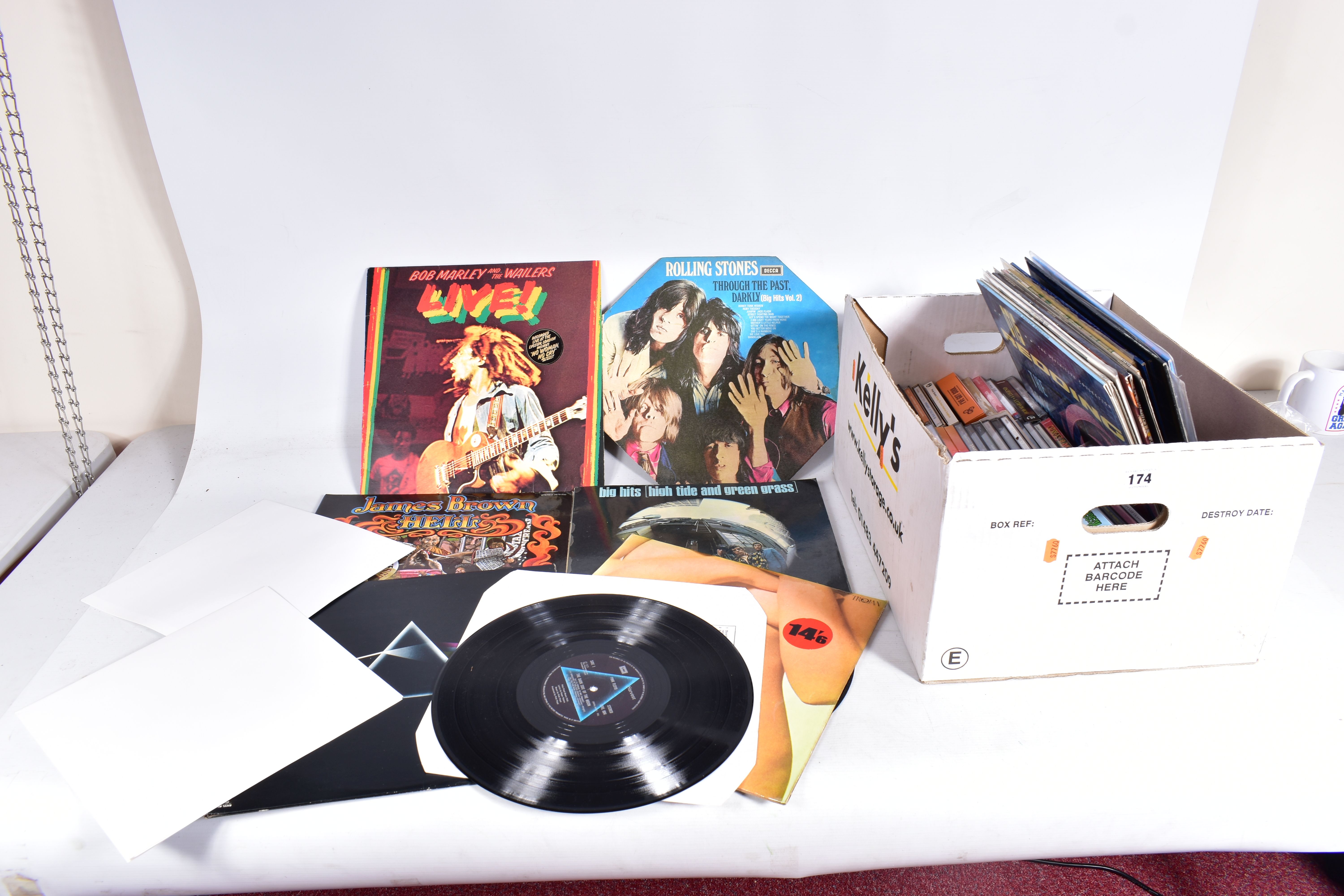 A TRAY CONTAINING LPs AND CDs items of note Dark Side of the Moon (white inner , blue and black