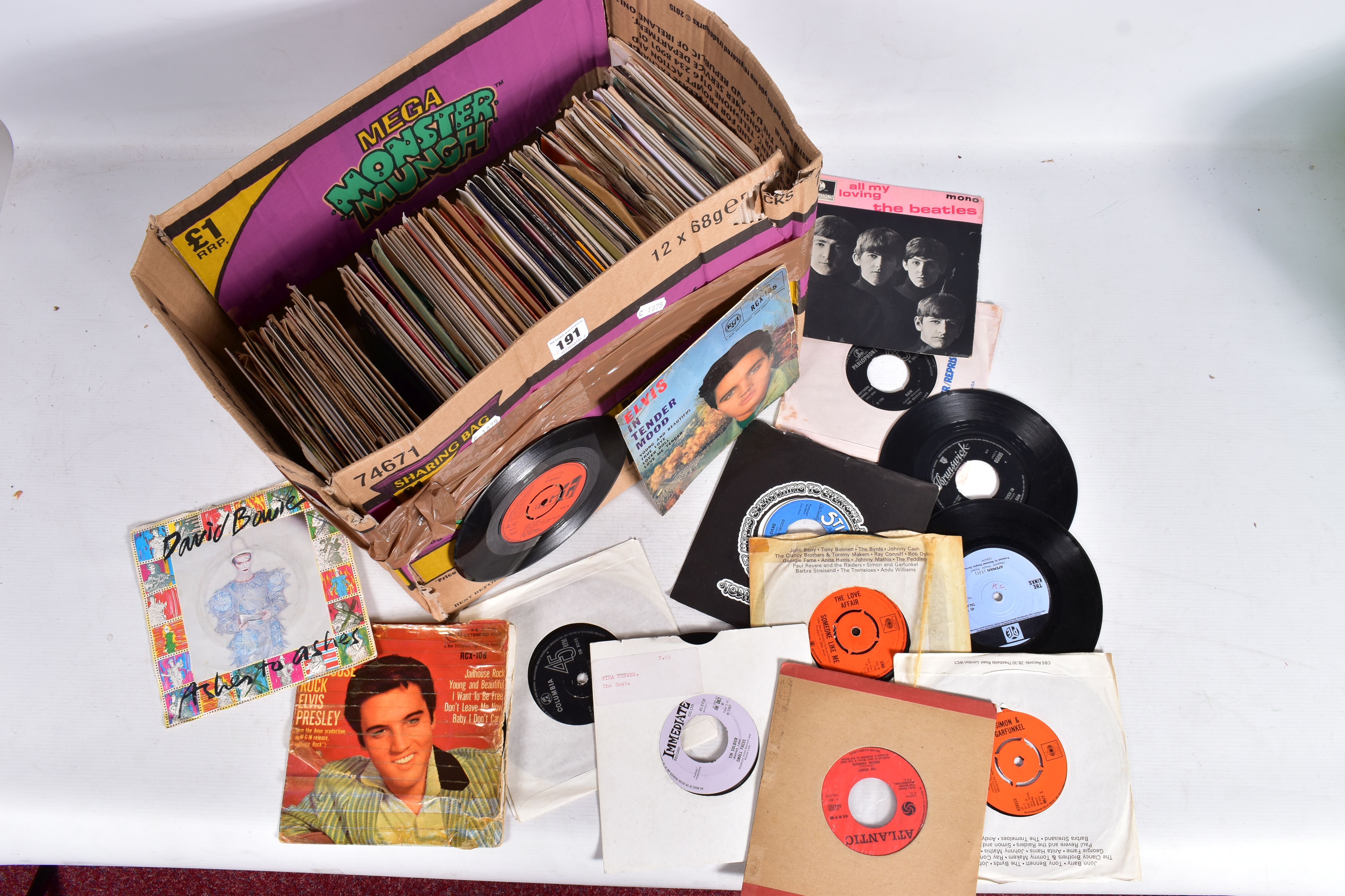 A TRAY CONTAINING APPROX ONE HUNDRED AND EIGHTY SINGLES artists include T Rex, The Rolling Stones,
