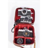 THREE MAMIYA VINTAGE FILM CAMERAS comprising of an Auto-Lux 35 with a 48mm f2.8 lens, a 135EE , a