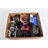 A TRAY CONTAINING ELEVEN KONICA AND KYROCERA CAMERAS including three C35 of various models, a EE-