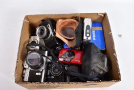 A TRAY CONTAINING ELEVEN KONICA AND KYROCERA CAMERAS including three C35 of various models, a EE-