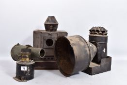 A COLLECTION OF TINPLATE MAGIC LANTERN PARTS including lens and carriage, 2 light boxes etc