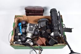 A TRAY CONTAINING NINE ZENIT CAMERAS including a Zenith 80 medium format camera with a 80mm f2.8