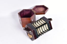 A 19th CENTURY MAHOGANY CONCERTINA by Lachenall and Co London, with pierced fretwork end panels,