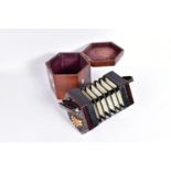 A 19th CENTURY MAHOGANY CONCERTINA by Lachenall and Co London, with pierced fretwork end panels,