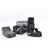 A ROLLEIFLEX SL35E FILM SLR CAMERA with a tatty original box, a Rollei HFT Planar 50mm f1.8 lens,