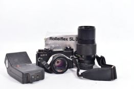 A ROLLEIFLEX SL35E FILM SLR CAMERA with a tatty original box, a Rollei HFT Planar 50mm f1.8 lens,