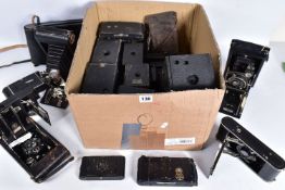A TRAY CONTAINING TWENTY BOX AND FOLDING CAMERAS by makers such as Glunz, Ansco, Carbine, Mayfair,