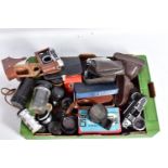 A TRAY CONTAINING CAMERAS AND LENSES FROM USSR including two Zenit 3, a boxed FED 3, a folding