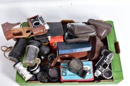 A TRAY CONTAINING CAMERAS AND LENSES FROM USSR including two Zenit 3, a boxed FED 3, a folding