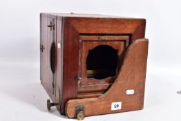 A LONDON STEREOGRAPHIC COMPANY MAHOGANY BOX CAMERA with side wing, black bellows and a large brass