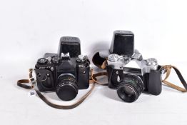 TWO ZENIT SLR CAMERAS comprising of an ET and an E both fitted with Helios 58mm f2 lenses and cases
