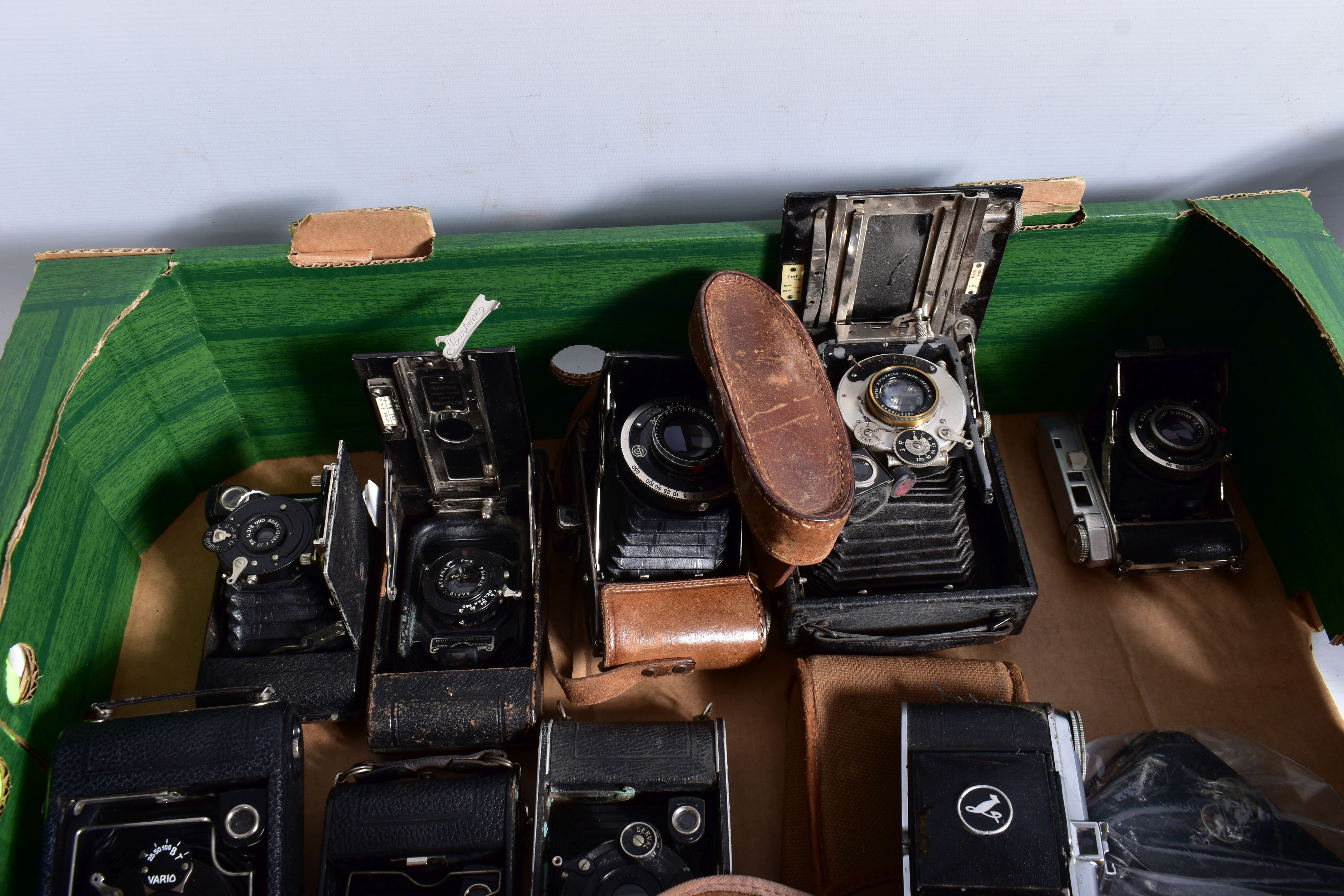 A TRAY CONTAINING TWELVE FOLDING CAMERAS including two Carbines, four with Deckel Shutter release, - Image 6 of 6