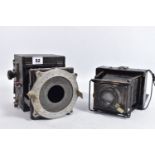 TWO VINTAGE FOLDING PLATE CAMERA, one possibly a Thornton Pickard with unusual iris fitted but no