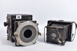 TWO VINTAGE FOLDING PLATE CAMERA, one possibly a Thornton Pickard with unusual iris fitted but no