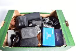 A TRAY CONTAINING THIRTEEN CAMERAS BY OLYMPUS including an OM10 with box, an OM20, a Mju 111 120, an