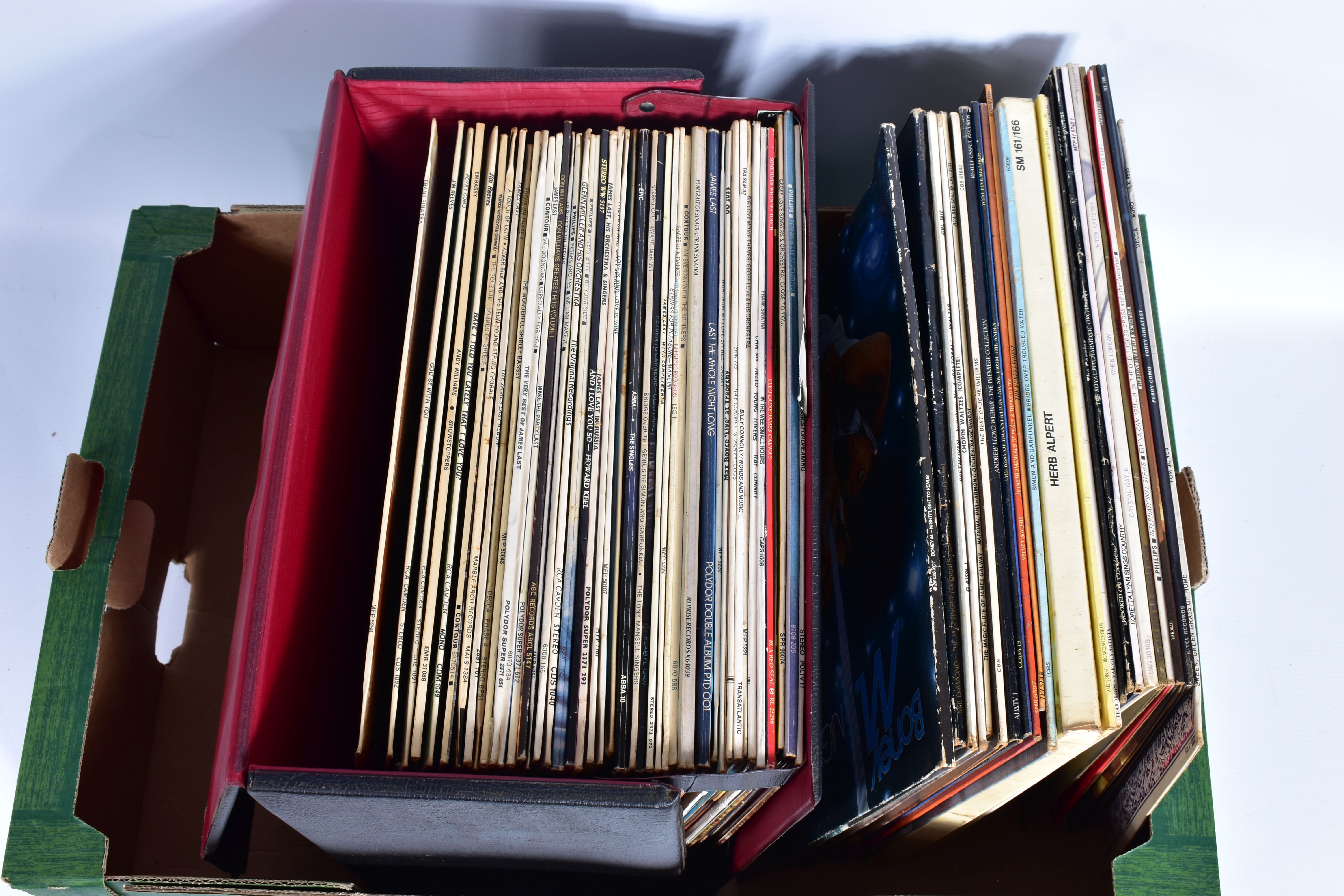 A TRAY CONTAINING APPROX SIXTY LPs AND SINGLES artists include Frank Sinatra, ABBA, Glenn Miller,