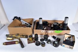 TWO TRAYS CONTAINING SPY GLASSES AND LENSES including Wray, Carl Zeiss Jens, Mamiya Sekor,