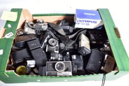 A TRAY CONTAINING OLYMPUS CAMERAS including two OM10 with 50mm lens and 55mm lens, a PEN, a PEN D,